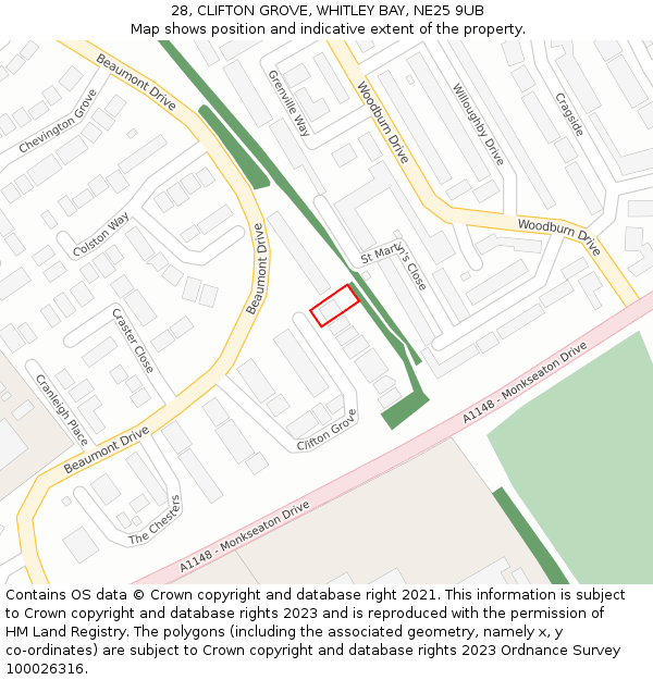 28, CLIFTON GROVE, WHITLEY BAY, NE25 9UB: Location map and indicative extent of plot