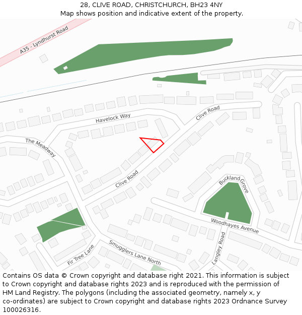 28, CLIVE ROAD, CHRISTCHURCH, BH23 4NY: Location map and indicative extent of plot