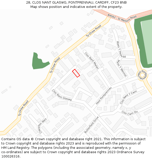 28, CLOS NANT GLASWG, PONTPRENNAU, CARDIFF, CF23 8NB: Location map and indicative extent of plot
