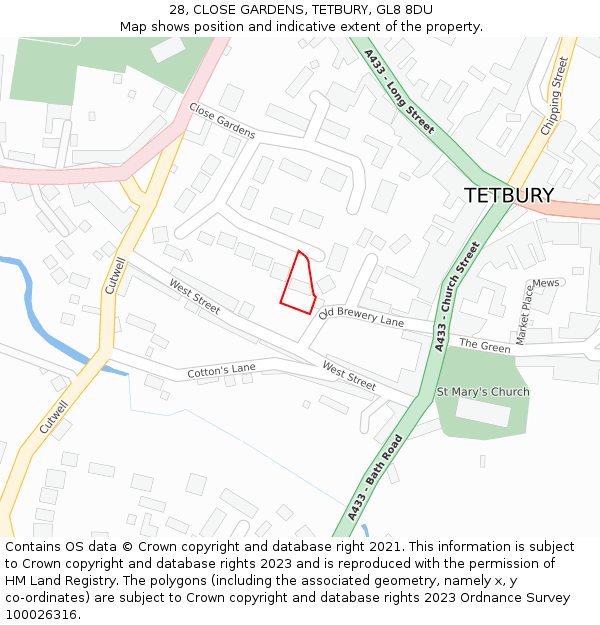 28, CLOSE GARDENS, TETBURY, GL8 8DU: Location map and indicative extent of plot