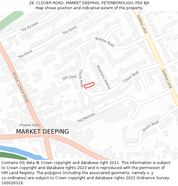 28, CLOVER ROAD, MARKET DEEPING, PETERBOROUGH, PE6 8JX: Location map and indicative extent of plot