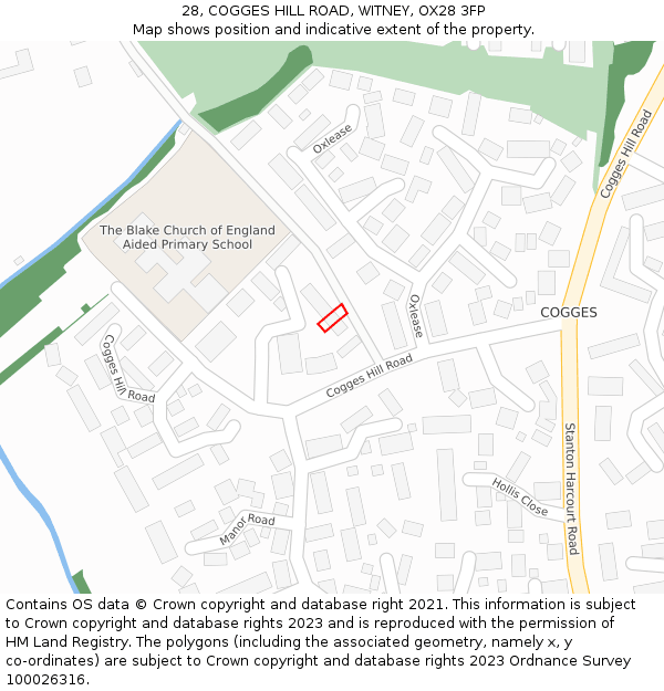 28, COGGES HILL ROAD, WITNEY, OX28 3FP: Location map and indicative extent of plot