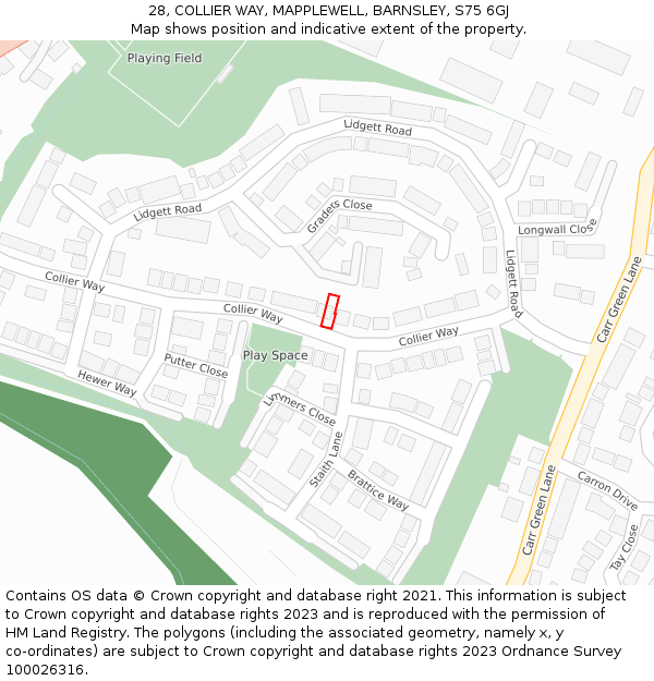 28, COLLIER WAY, MAPPLEWELL, BARNSLEY, S75 6GJ: Location map and indicative extent of plot
