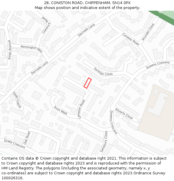 28, CONISTON ROAD, CHIPPENHAM, SN14 0PX: Location map and indicative extent of plot