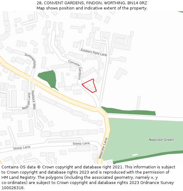 28, CONVENT GARDENS, FINDON, WORTHING, BN14 0RZ: Location map and indicative extent of plot