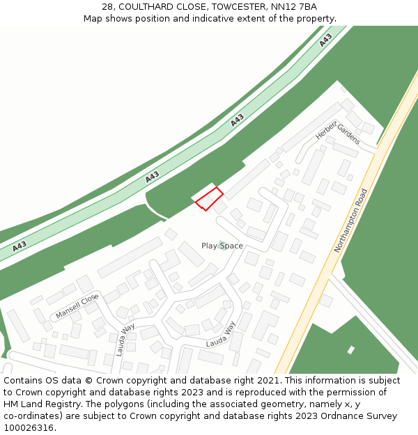 28, COULTHARD CLOSE, TOWCESTER, NN12 7BA: Location map and indicative extent of plot