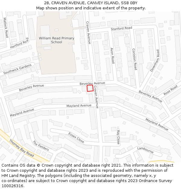 28, CRAVEN AVENUE, CANVEY ISLAND, SS8 0BY: Location map and indicative extent of plot