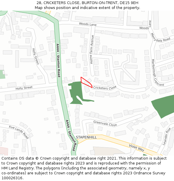 28, CRICKETERS CLOSE, BURTON-ON-TRENT, DE15 9EH: Location map and indicative extent of plot