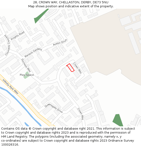 28, CROWN WAY, CHELLASTON, DERBY, DE73 5NU: Location map and indicative extent of plot