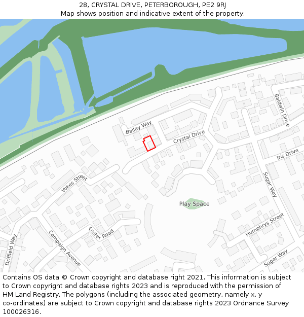 28, CRYSTAL DRIVE, PETERBOROUGH, PE2 9RJ: Location map and indicative extent of plot