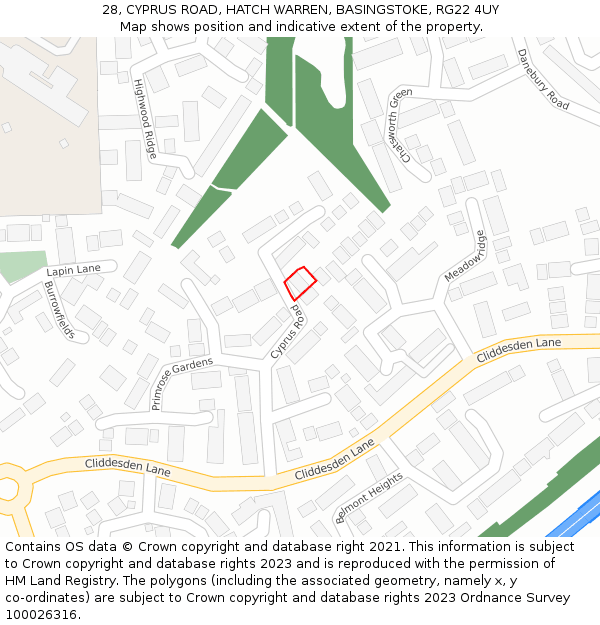 28, CYPRUS ROAD, HATCH WARREN, BASINGSTOKE, RG22 4UY: Location map and indicative extent of plot