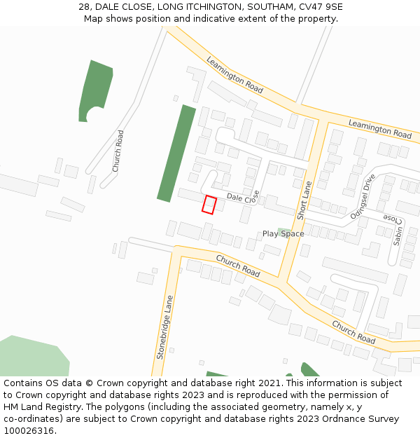 28, DALE CLOSE, LONG ITCHINGTON, SOUTHAM, CV47 9SE: Location map and indicative extent of plot