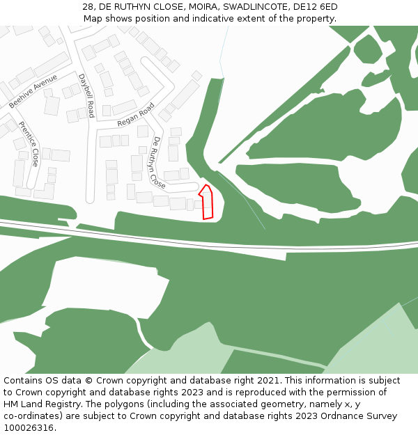 28, DE RUTHYN CLOSE, MOIRA, SWADLINCOTE, DE12 6ED: Location map and indicative extent of plot
