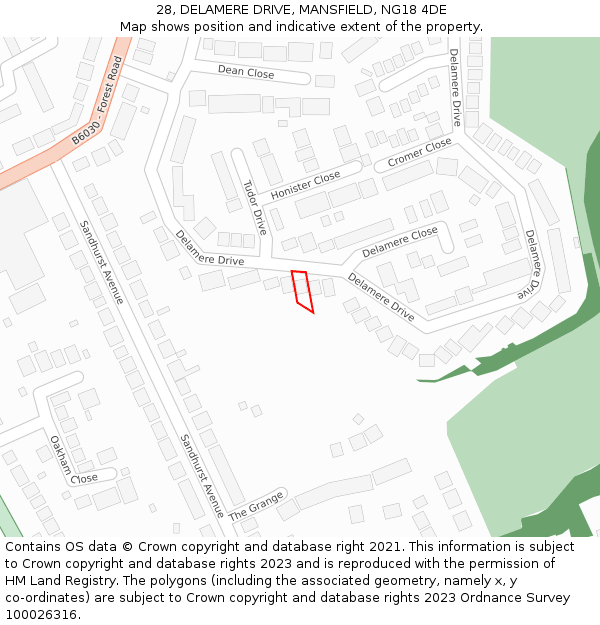 28, DELAMERE DRIVE, MANSFIELD, NG18 4DE: Location map and indicative extent of plot