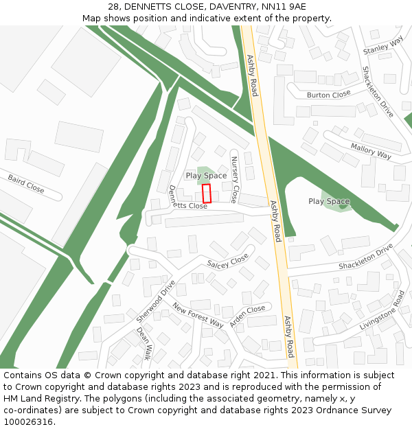 28, DENNETTS CLOSE, DAVENTRY, NN11 9AE: Location map and indicative extent of plot