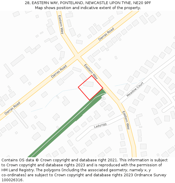 28, EASTERN WAY, PONTELAND, NEWCASTLE UPON TYNE, NE20 9PF: Location map and indicative extent of plot