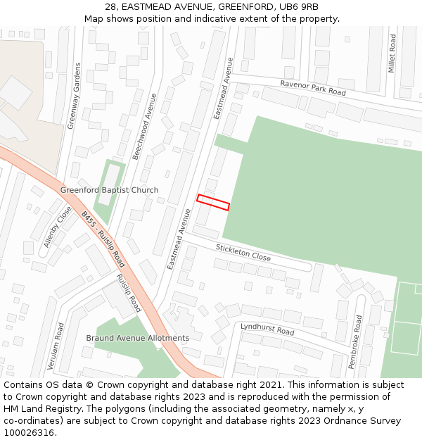 28, EASTMEAD AVENUE, GREENFORD, UB6 9RB: Location map and indicative extent of plot