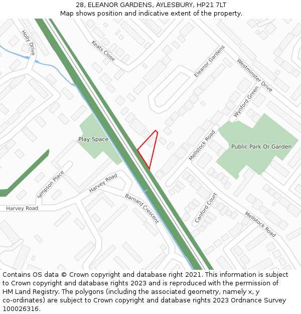 28, ELEANOR GARDENS, AYLESBURY, HP21 7LT: Location map and indicative extent of plot