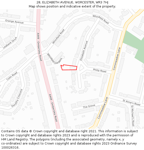 28, ELIZABETH AVENUE, WORCESTER, WR3 7HJ: Location map and indicative extent of plot