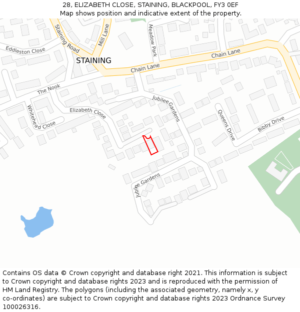 28, ELIZABETH CLOSE, STAINING, BLACKPOOL, FY3 0EF: Location map and indicative extent of plot