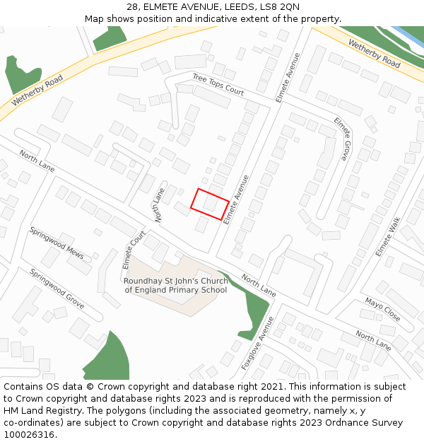 28, ELMETE AVENUE, LEEDS, LS8 2QN: Location map and indicative extent of plot