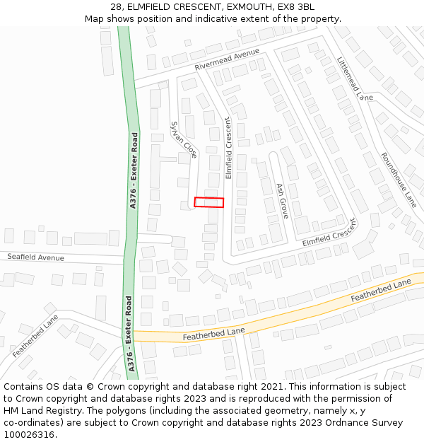 28, ELMFIELD CRESCENT, EXMOUTH, EX8 3BL: Location map and indicative extent of plot
