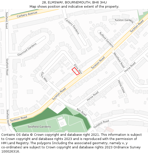 28, ELMSWAY, BOURNEMOUTH, BH6 3HU: Location map and indicative extent of plot