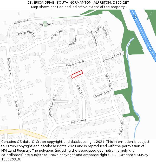 28, ERICA DRIVE, SOUTH NORMANTON, ALFRETON, DE55 2ET: Location map and indicative extent of plot