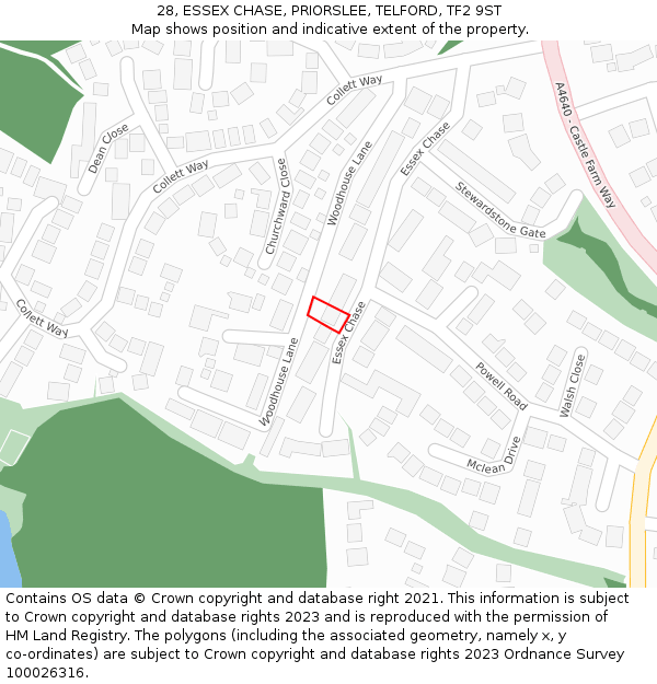 28, ESSEX CHASE, PRIORSLEE, TELFORD, TF2 9ST: Location map and indicative extent of plot