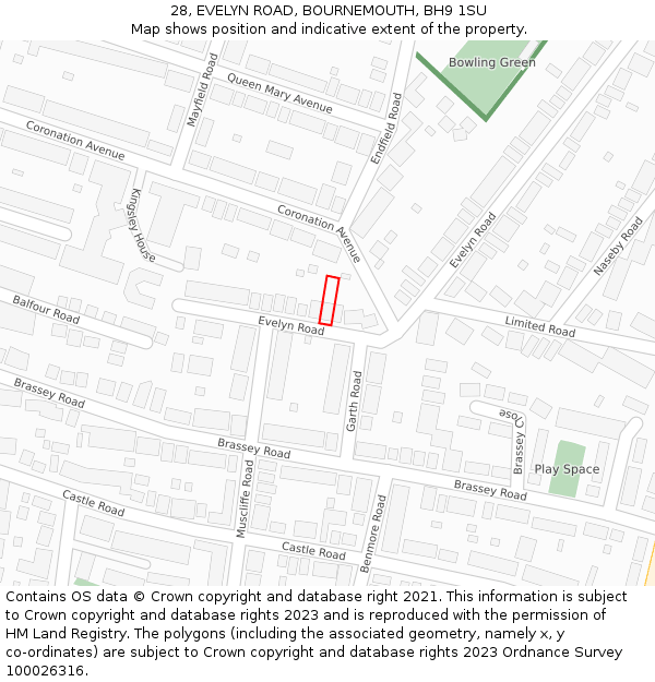 28, EVELYN ROAD, BOURNEMOUTH, BH9 1SU: Location map and indicative extent of plot