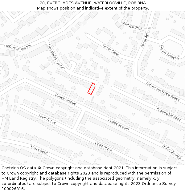 28, EVERGLADES AVENUE, WATERLOOVILLE, PO8 8NA: Location map and indicative extent of plot