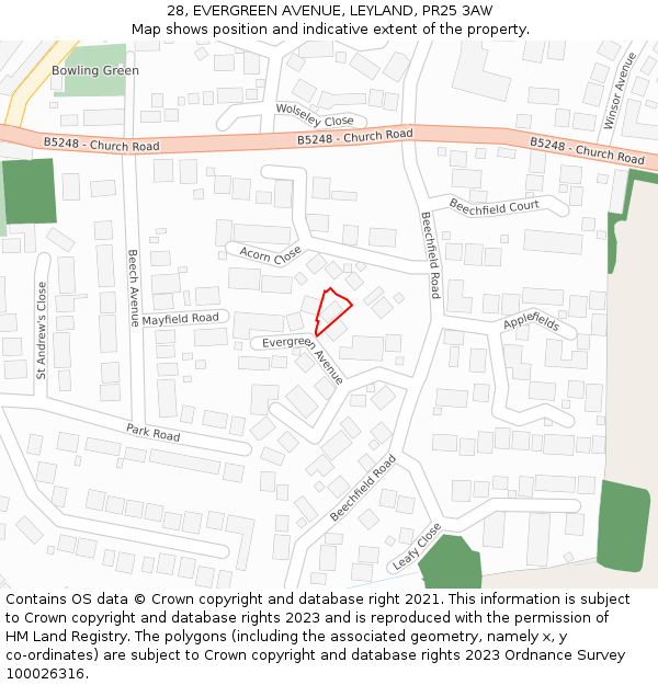 28, EVERGREEN AVENUE, LEYLAND, PR25 3AW: Location map and indicative extent of plot