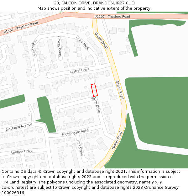 28, FALCON DRIVE, BRANDON, IP27 0UD: Location map and indicative extent of plot