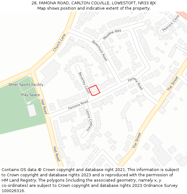 28, FAMONA ROAD, CARLTON COLVILLE, LOWESTOFT, NR33 8JX: Location map and indicative extent of plot