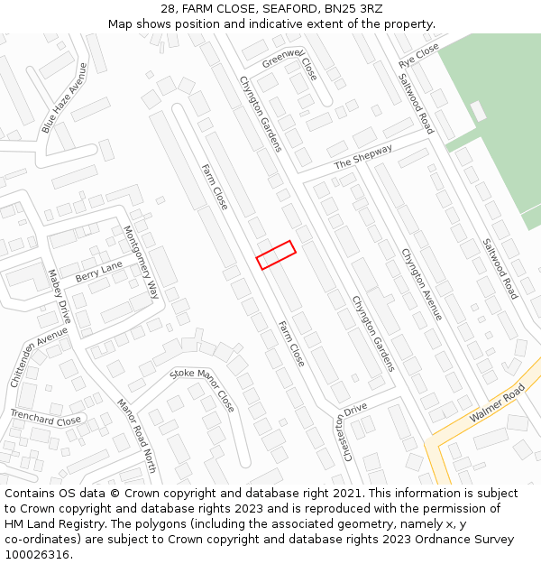 28, FARM CLOSE, SEAFORD, BN25 3RZ: Location map and indicative extent of plot