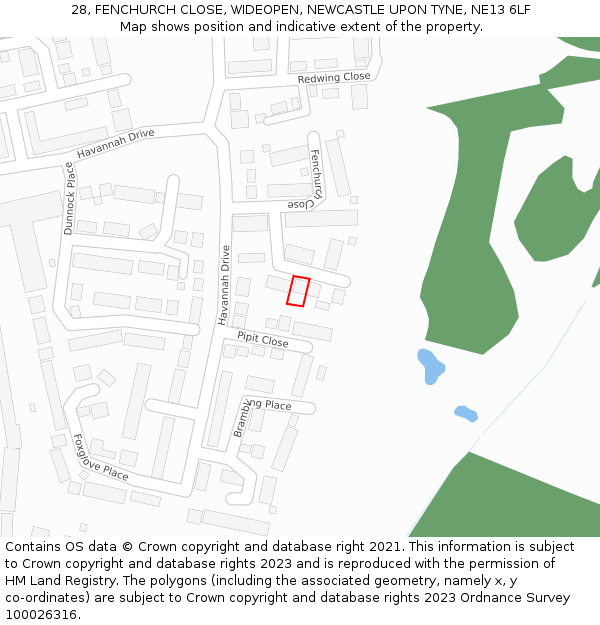 28, FENCHURCH CLOSE, WIDEOPEN, NEWCASTLE UPON TYNE, NE13 6LF: Location map and indicative extent of plot