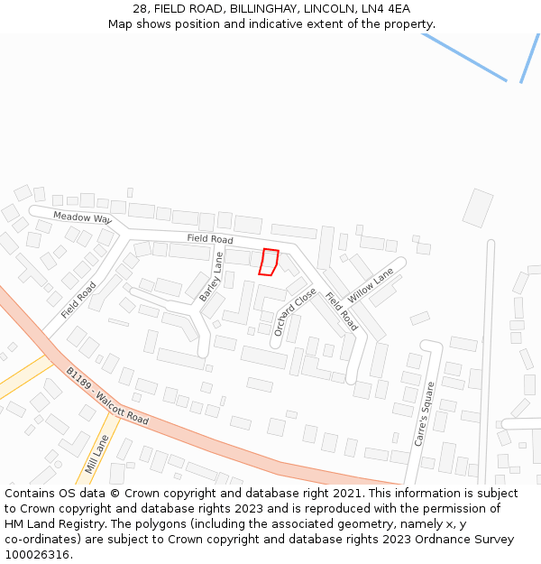 28, FIELD ROAD, BILLINGHAY, LINCOLN, LN4 4EA: Location map and indicative extent of plot