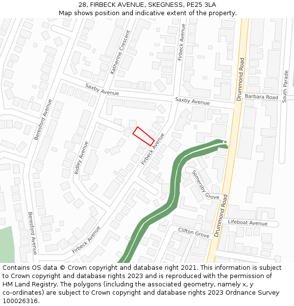 28, FIRBECK AVENUE, SKEGNESS, PE25 3LA: Location map and indicative extent of plot
