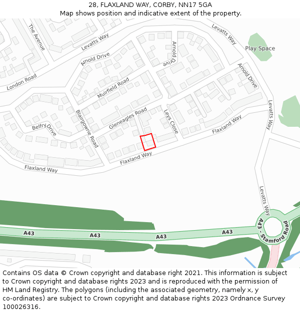 28, FLAXLAND WAY, CORBY, NN17 5GA: Location map and indicative extent of plot