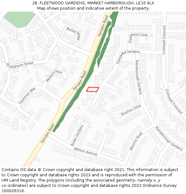 28, FLEETWOOD GARDENS, MARKET HARBOROUGH, LE16 9LX: Location map and indicative extent of plot