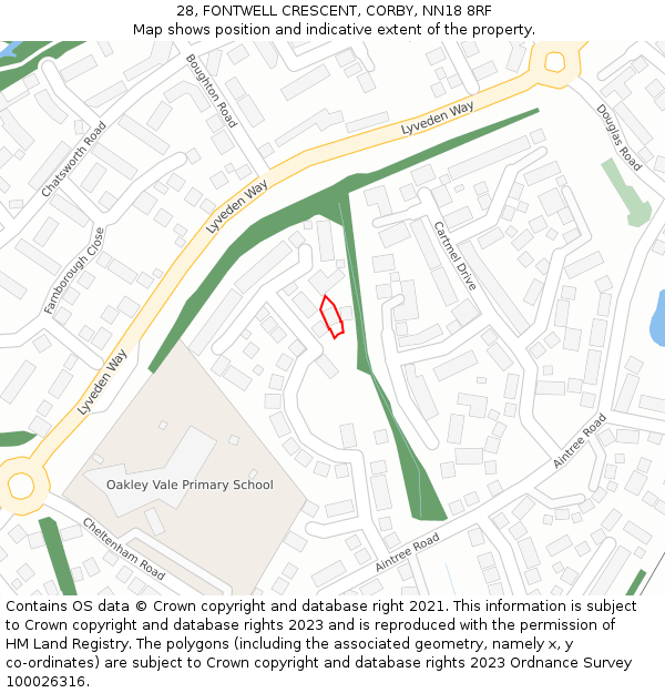28, FONTWELL CRESCENT, CORBY, NN18 8RF: Location map and indicative extent of plot