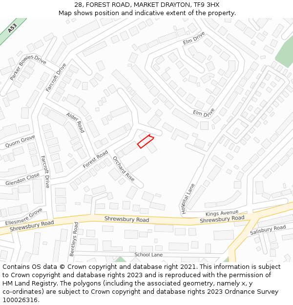 28, FOREST ROAD, MARKET DRAYTON, TF9 3HX: Location map and indicative extent of plot