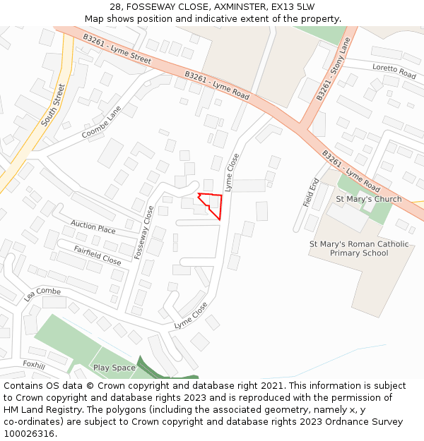 28, FOSSEWAY CLOSE, AXMINSTER, EX13 5LW: Location map and indicative extent of plot