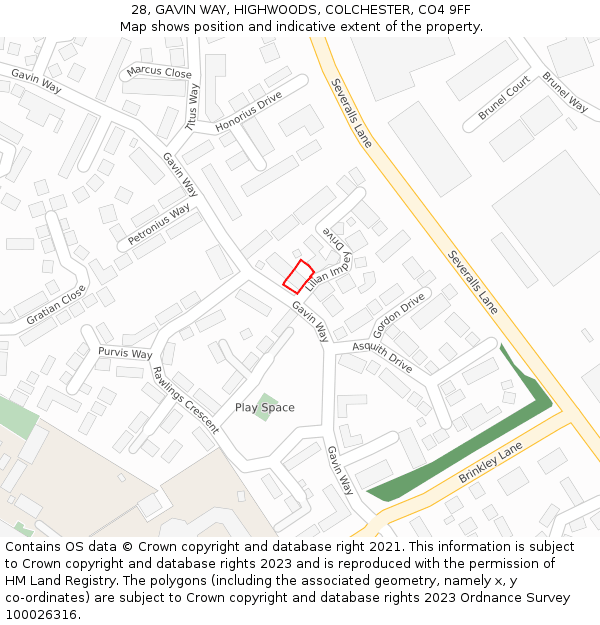 28, GAVIN WAY, HIGHWOODS, COLCHESTER, CO4 9FF: Location map and indicative extent of plot