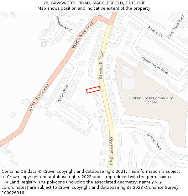 28, GAWSWORTH ROAD, MACCLESFIELD, SK11 8UE: Location map and indicative extent of plot