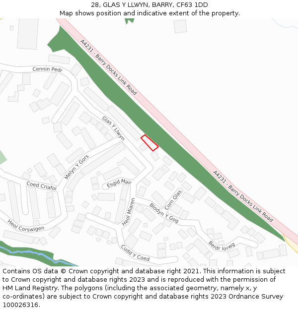 28, GLAS Y LLWYN, BARRY, CF63 1DD: Location map and indicative extent of plot