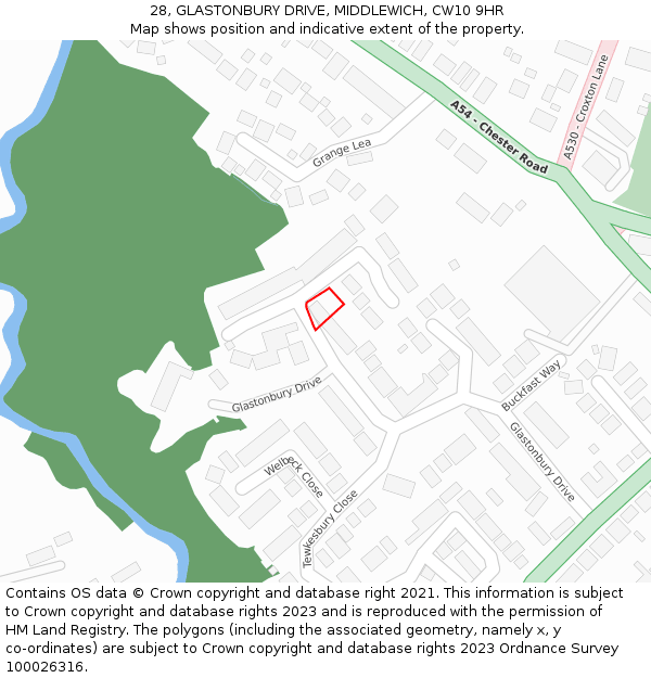 28, GLASTONBURY DRIVE, MIDDLEWICH, CW10 9HR: Location map and indicative extent of plot
