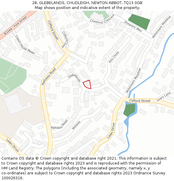28, GLEBELANDS, CHUDLEIGH, NEWTON ABBOT, TQ13 0GB: Location map and indicative extent of plot