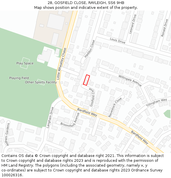 28, GOSFIELD CLOSE, RAYLEIGH, SS6 9HB: Location map and indicative extent of plot