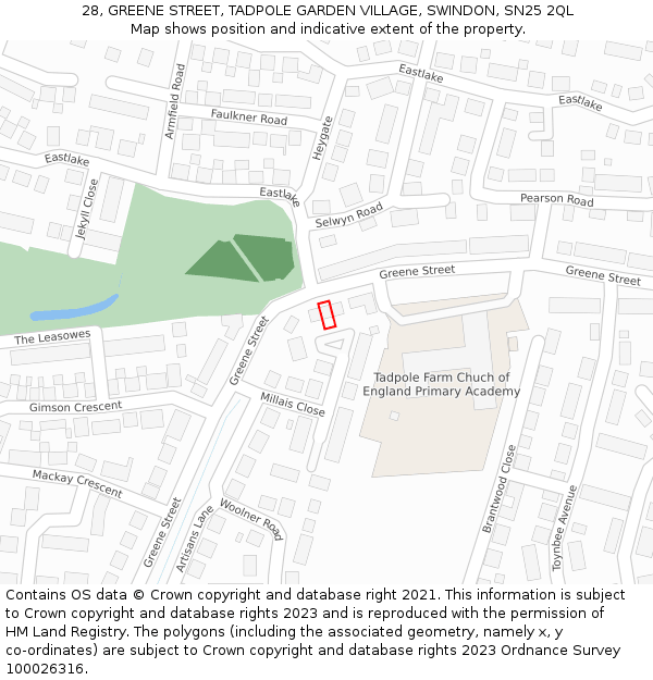 28, GREENE STREET, TADPOLE GARDEN VILLAGE, SWINDON, SN25 2QL: Location map and indicative extent of plot